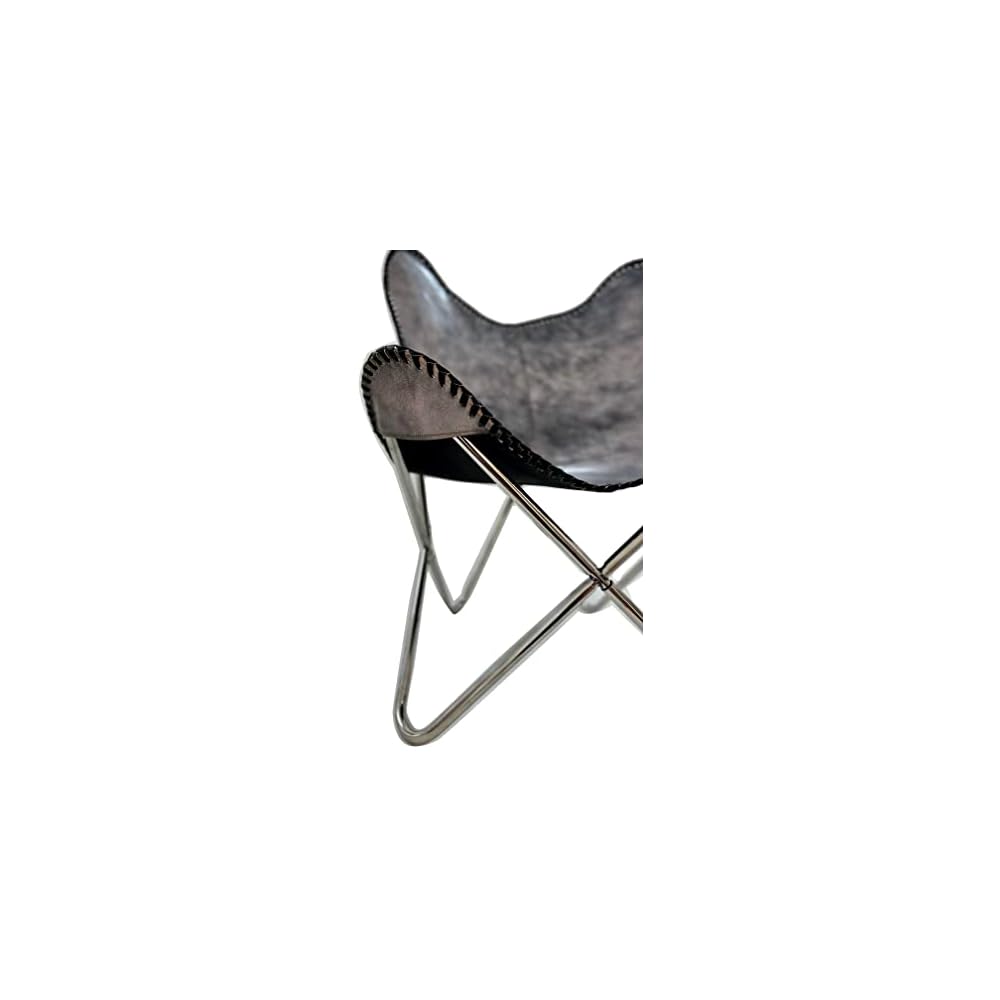 Shy Shy Let's Touch The Sky Leather Chair Living Room Chairs- Grey Leather Butterfly Arm Chair -Handmade with Powder Coated Folding Iron Frame (Vintage Cover with Frame) (Grey+Silver)