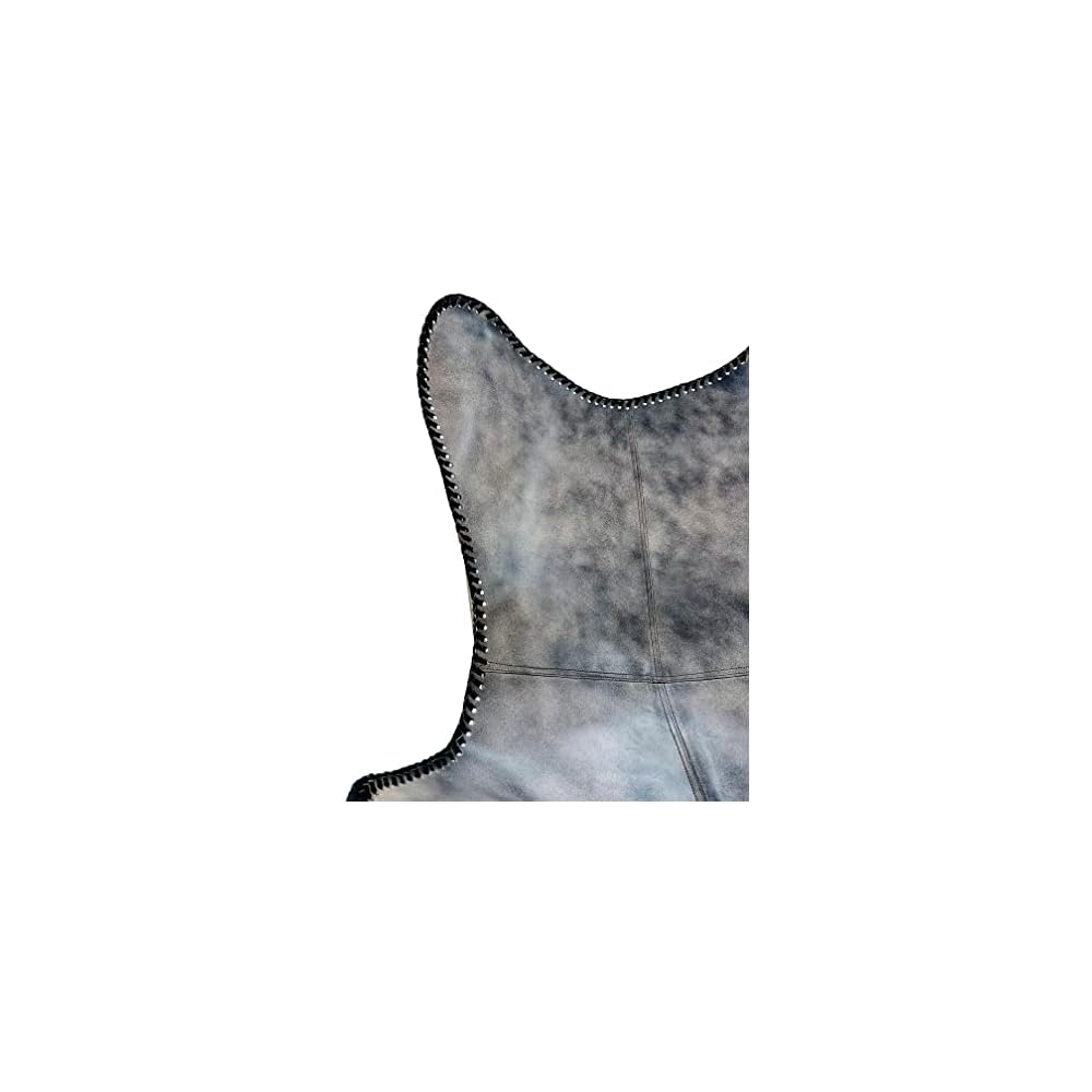 Shy Shy Let's Touch The Sky Leather Chair Living Room Chairs- Grey Leather Butterfly Arm Chair -Handmade with Powder Coated Folding Iron Frame (Vintage Cover with Frame) (Grey+Silver)