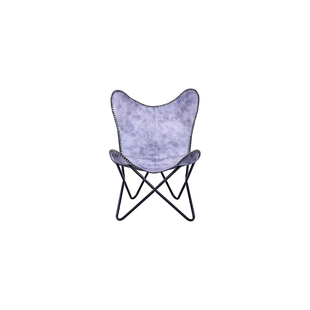 Shy Shy Let's Touch The Sky Leather Chair Living Room Chairs- Grey Leather Butterfly Arm Chair -Handmade with Powder Coated Folding Iron Frame (Vintage Cover with Frame) (Grey+Silver)