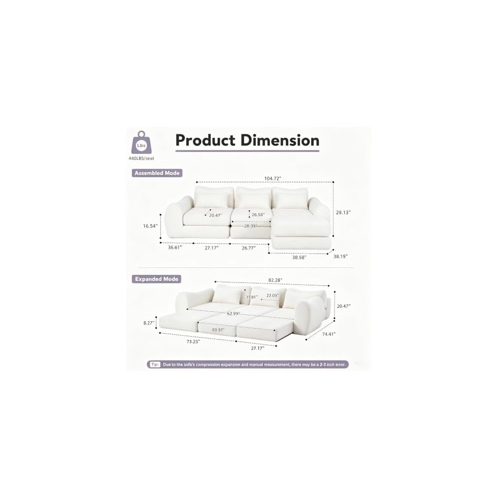 AUIXOPI Modular Sectional Sofa, 78 Inch Cloud Chenille L-Shaped Couch with Deep Seat, 2-Piece Corner Sofa for Living Room, Apartment, Small Space & Bedroom, Solid Wood Frame 440 LBS, White