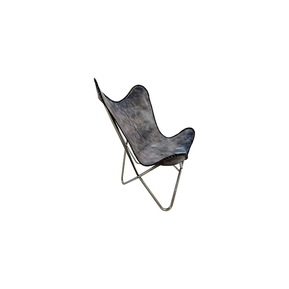 Shy Shy Let's Touch The Sky Leather Chair Living Room Chairs- Grey Leather Butterfly Arm Chair -Handmade with Powder Coated Folding Iron Frame (Vintage Cover with Frame) (Grey+Silver)