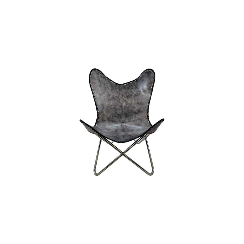Shy Shy Let's Touch The Sky Leather Chair Living Room Chairs- Grey Leather Butterfly Arm Chair -Handmade with Powder Coated Folding Iron Frame (Vintage Cover with Frame) (Grey+Silver)