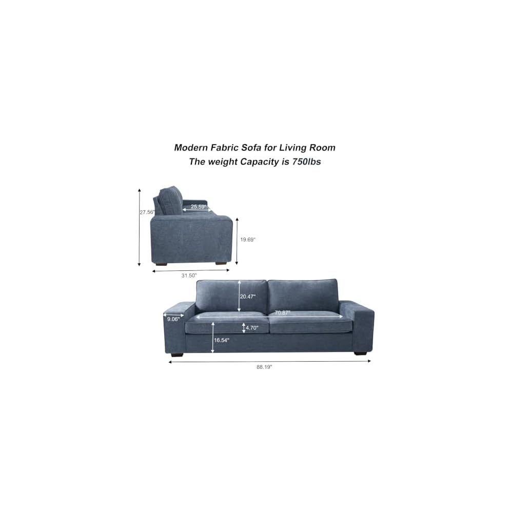 88.19" Chenille Square Arm Loveseat Sofa, 3 Seater Small Couch, Removable Sofa Cover, Easy to Install, Blue