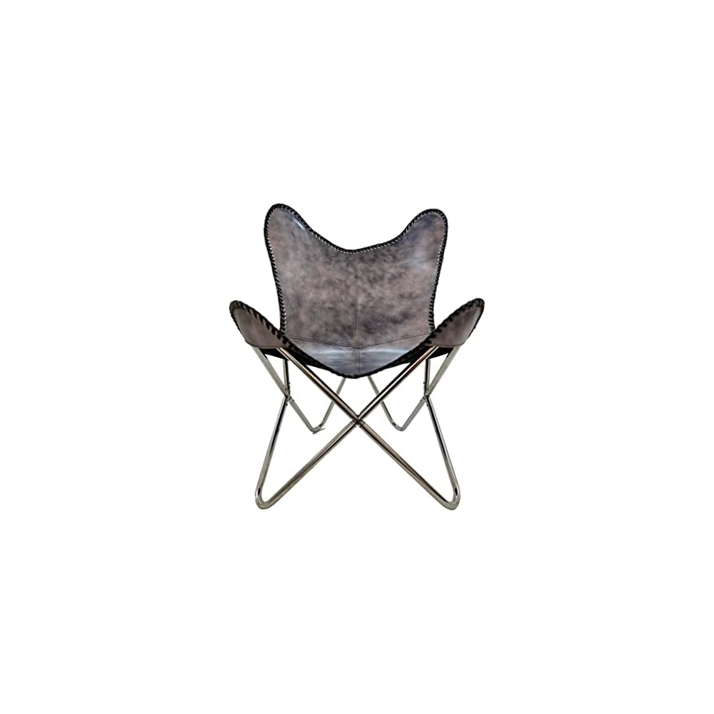 Shy Shy Let's Touch The Sky Leather Chair Living Room Chairs- Grey Leather Butterfly Arm Chair -Handmade with Powder Coated Folding Iron Frame (Vintage Cover with Frame) (Grey+Silver)