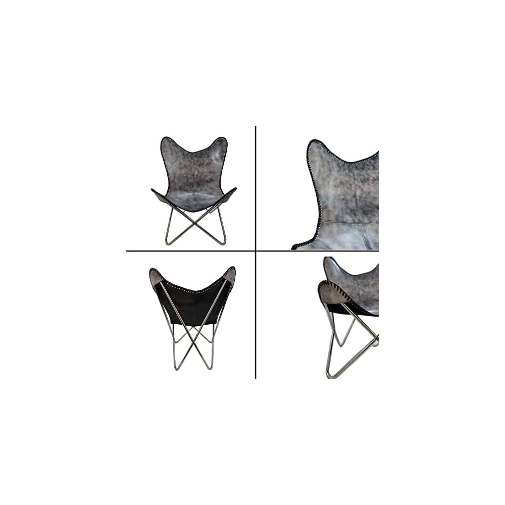 Shy Shy Let's Touch The Sky Leather Chair Living Room Chairs- Grey Leather Butterfly Arm Chair -Handmade with Powder Coated Folding Iron Frame (Vintage Cover with Frame) (Grey+Silver)