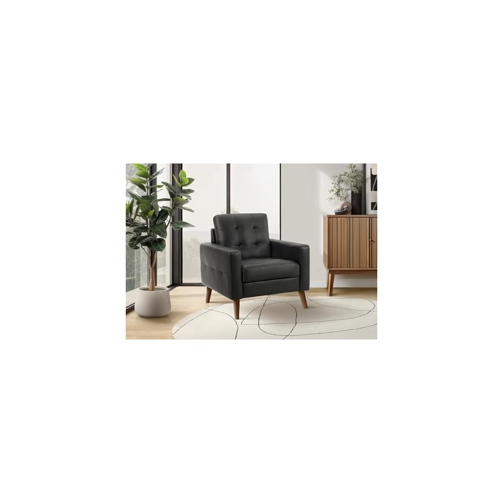 Monarch Specialties AM 8J11A95 Chair, 31" Wide, Upholstered, Accent Chair, Black Leather Look, Walnut Wood Legs, Mid Century, Modern