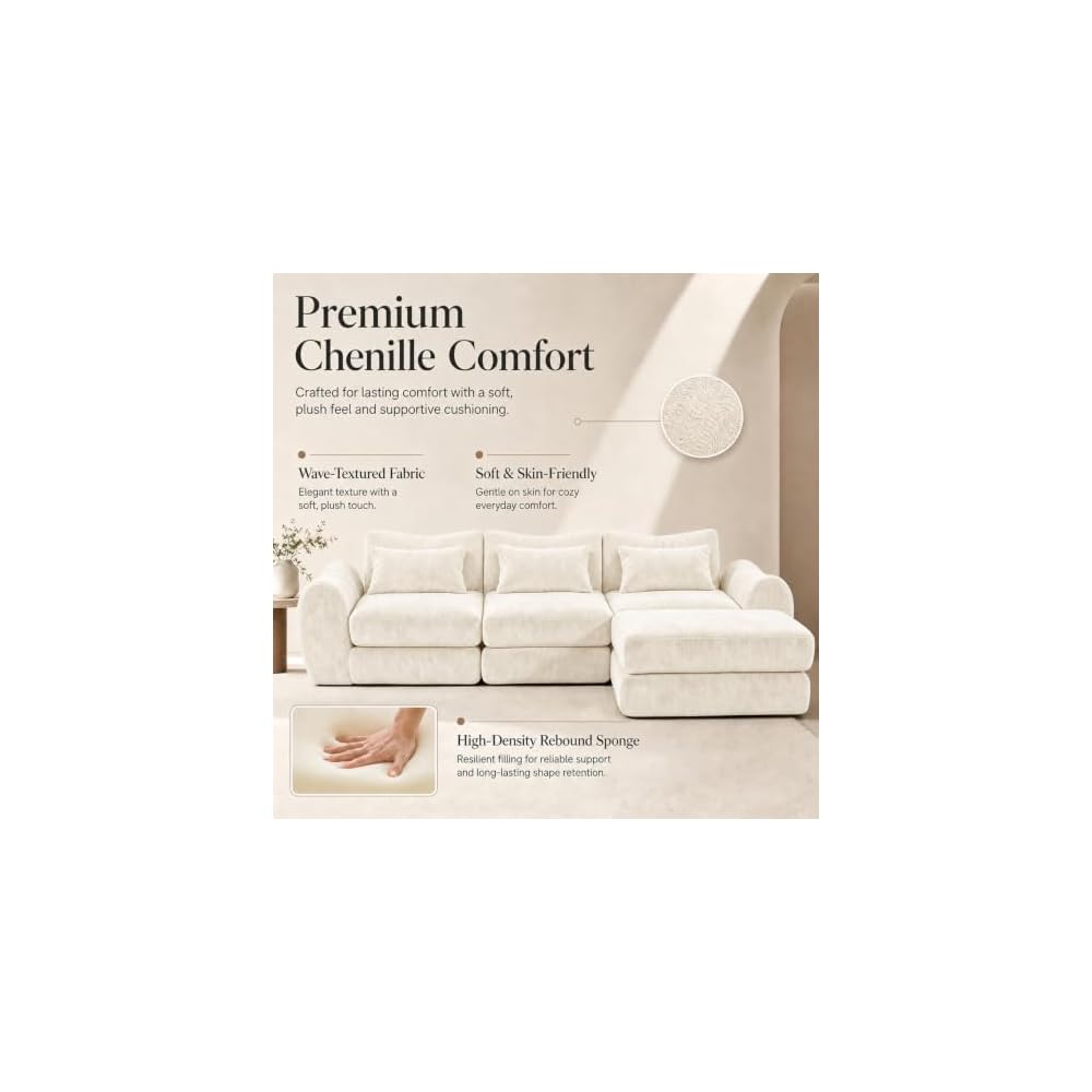 AUIXOPI Modular Sectional Sofa, 78 Inch Cloud Chenille L-Shaped Couch with Deep Seat, 2-Piece Corner Sofa for Living Room, Apartment, Small Space & Bedroom, Solid Wood Frame 440 LBS, White