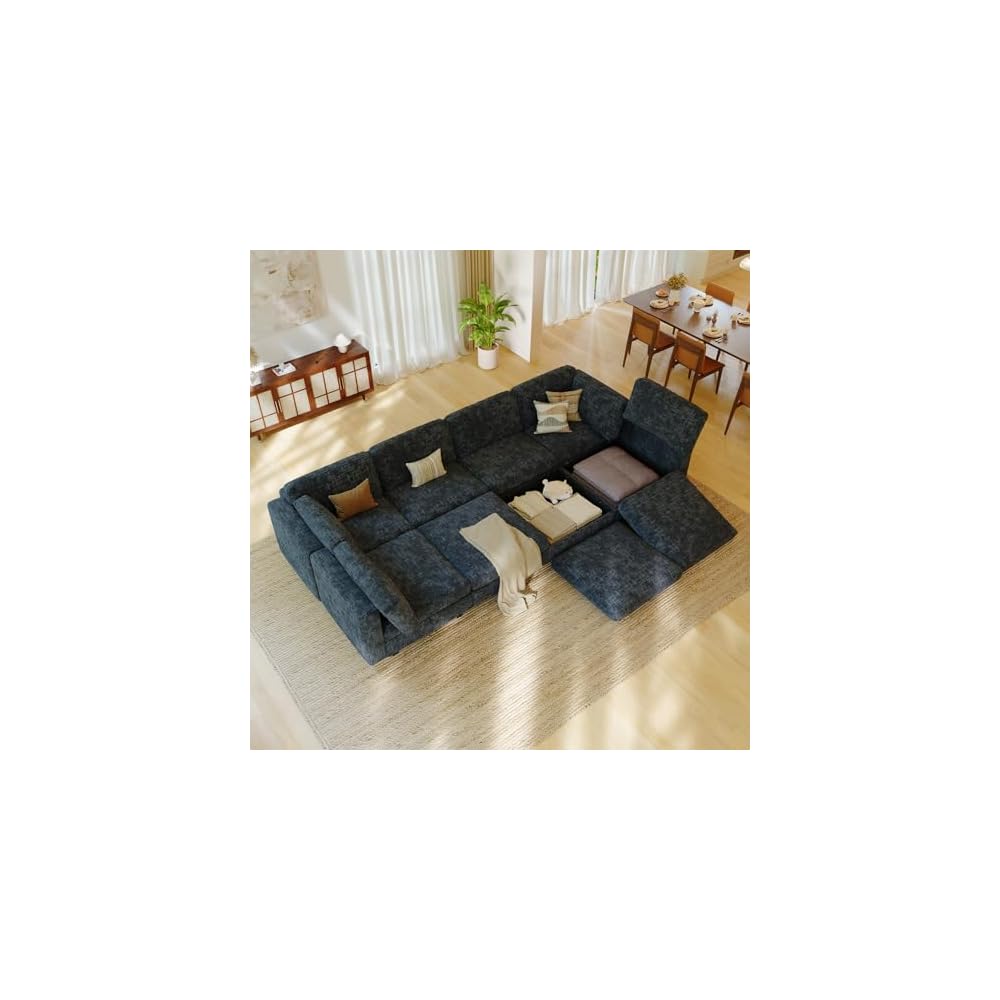 Sectional Sleeper Sofa, 8 Seaters Modular Sleeper Sofa Couch with Storage, Sectionals Couches Bed, Convertible Sofas with Movable Ottomans, Chenille Deep Seat Sectional Couches for Living Room, Black