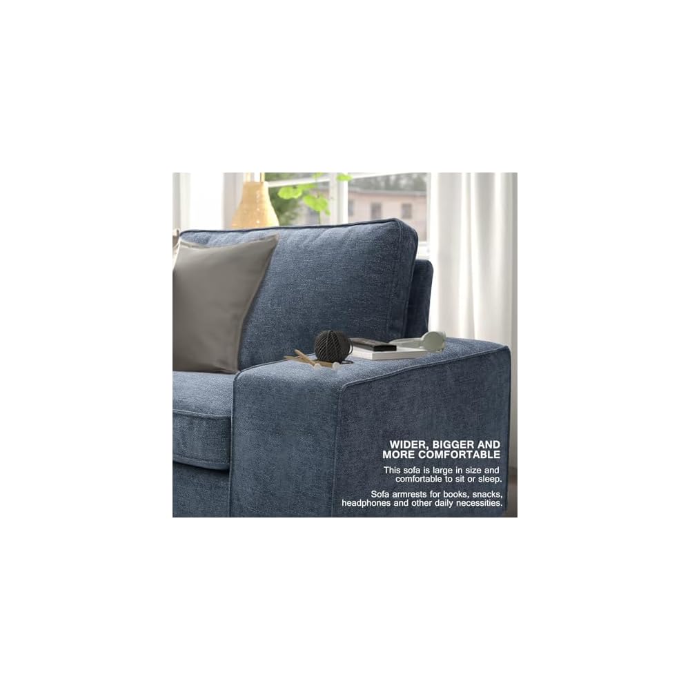 88.19" Chenille Square Arm Loveseat Sofa, 3 Seater Small Couch, Removable Sofa Cover, Easy to Install, Blue