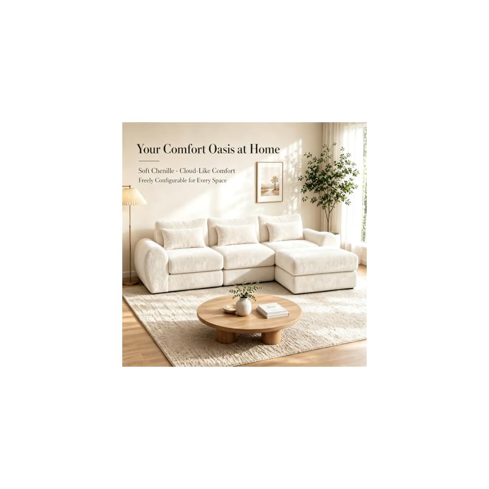 AUIXOPI Modular Sectional Sofa, 78 Inch Cloud Chenille L-Shaped Couch with Deep Seat, 2-Piece Corner Sofa for Living Room, Apartment, Small Space & Bedroom, Solid Wood Frame 440 LBS, White