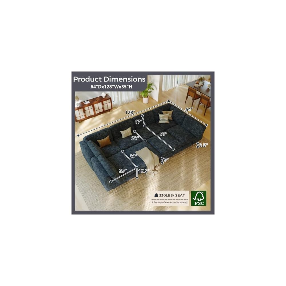 Sectional Sleeper Sofa, 8 Seaters Modular Sleeper Sofa Couch with Storage, Sectionals Couches Bed, Convertible Sofas with Movable Ottomans, Chenille Deep Seat Sectional Couches for Living Room, Black