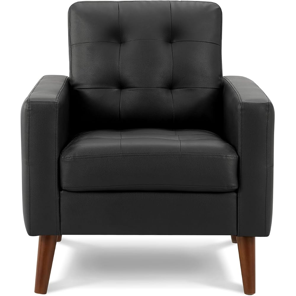 Monarch Specialties AM 8J11A95 Chair, 31" Wide, Upholstered, Accent Chair, Black Leather Look, Walnut Wood Legs, Mid Century, Modern