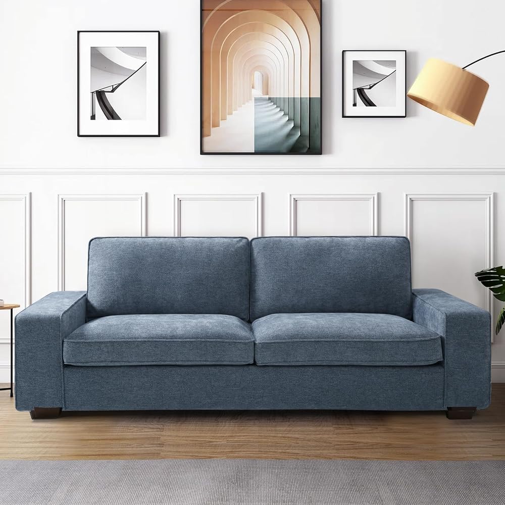 88.19" Chenille Square Arm Loveseat Sofa, 3 Seater Small Couch, Removable Sofa Cover, Easy to Install, Blue