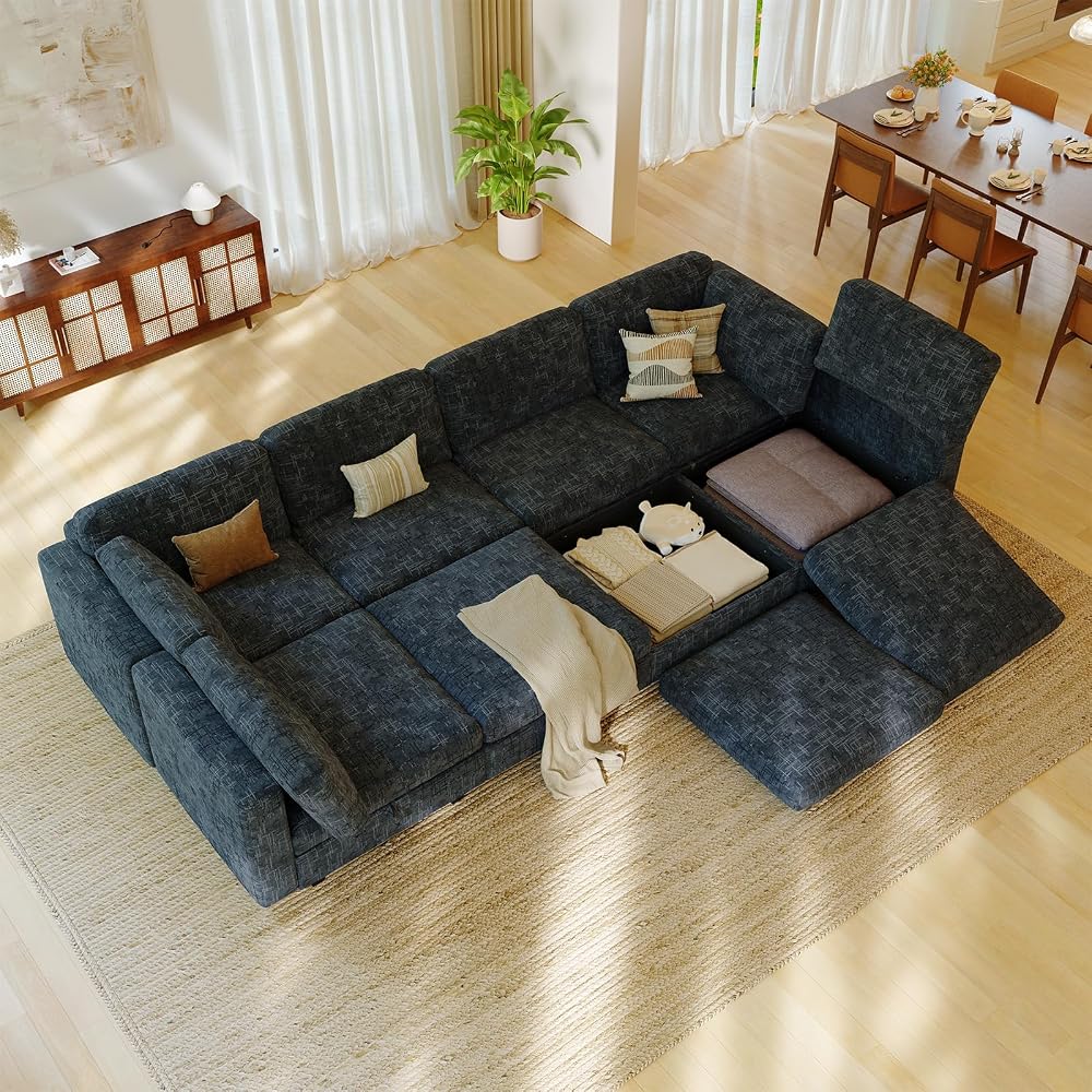Sectional Sleeper Sofa, 8 Seaters Modular Sleeper Sofa Couch with Storage, Sectionals Couches Bed, Convertible Sofas with Movable Ottomans, Chenille Deep Seat Sectional Couches for Living Room, Black