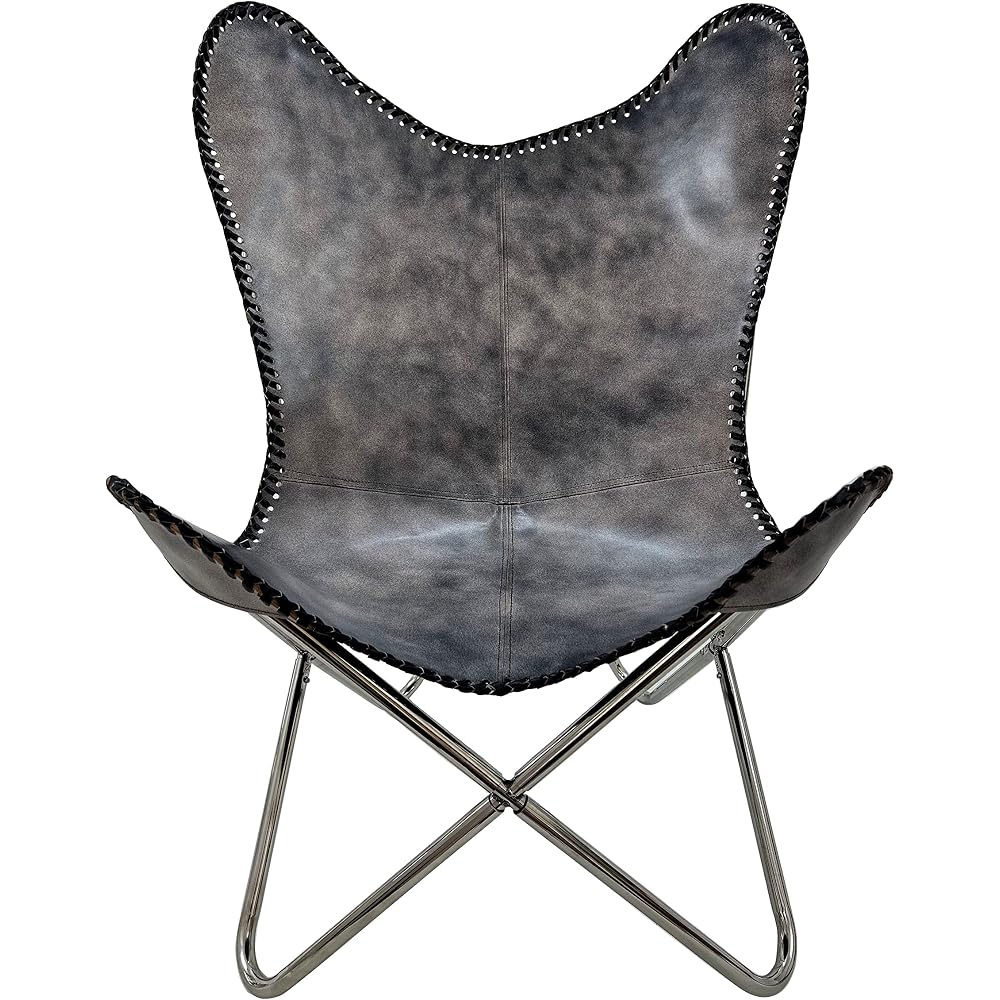 Shy Shy Let's Touch The Sky Leather Chair Living Room Chairs- Grey Leather Butterfly Arm Chair -Handmade with Powder Coated Folding Iron Frame (Vintage Cover with Frame) (Grey+Silver)