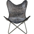 Shy Shy Let's Touch The Sky Leather Chair Living Room Chairs- Grey Leather Butterfly Arm Chair -Handmade with Powder Coated Folding Iron Frame (Vintage Cover with Frame) (Grey+Silver)